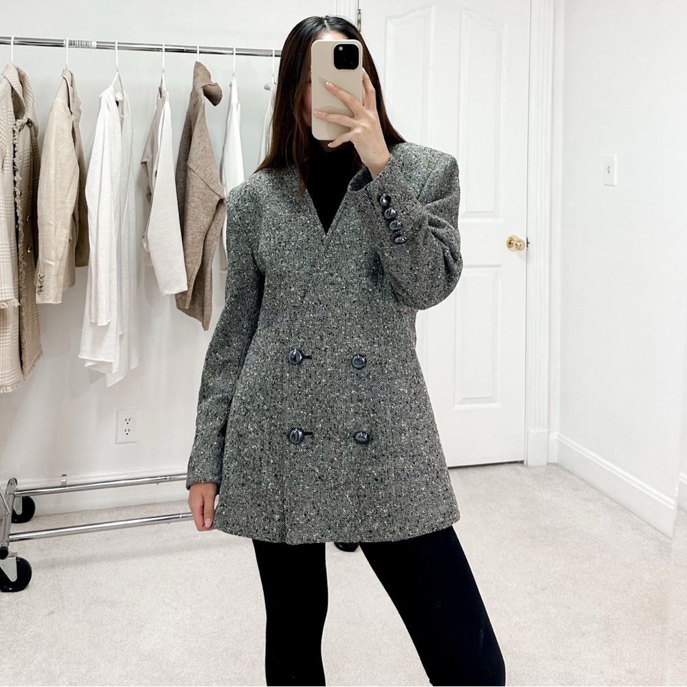 Vintage Christian Dior Double Breasted Tweed Wool Blazer in Black and White